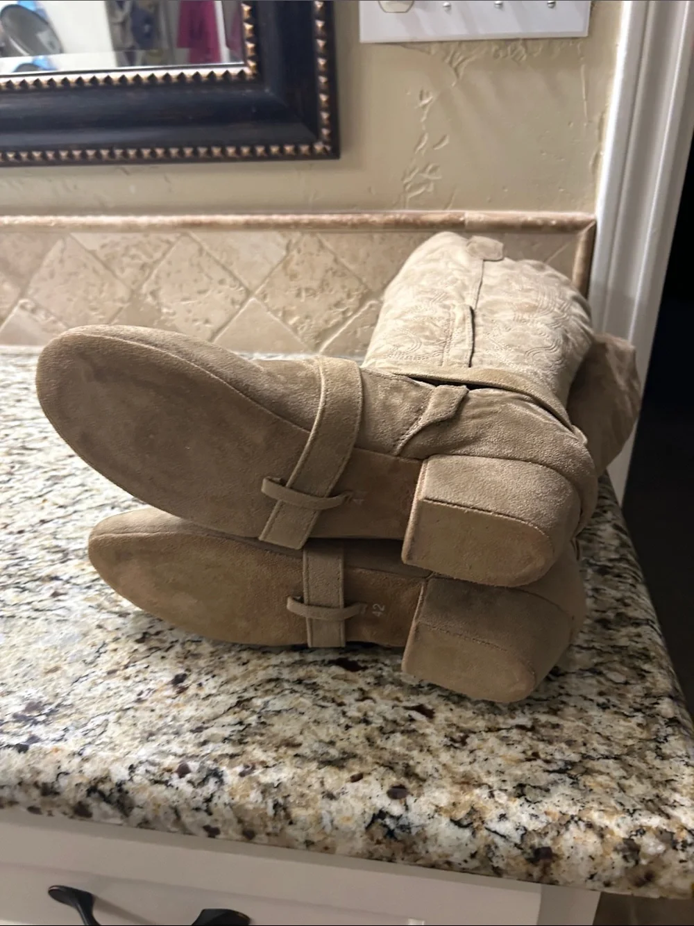 Jouncing’s Prescott Suede Sole Western Dance Boots in Beige with Buckle Detail